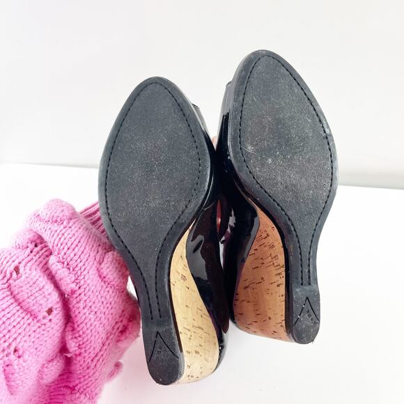 Prada Patent Leather Peep Open Toe Wedge Cork Heels Black 8.5 - Picture 5 of 7